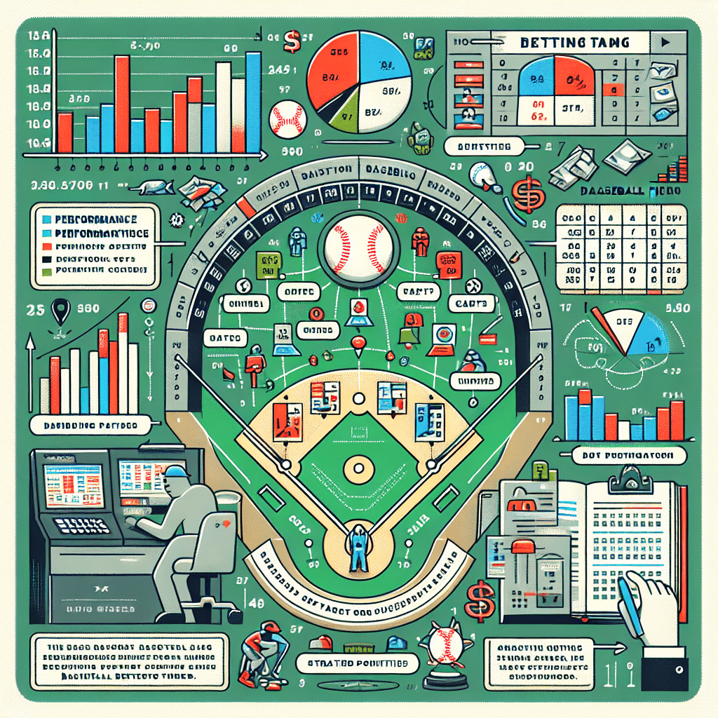 Colorful baseball statistics and betting board illustration.